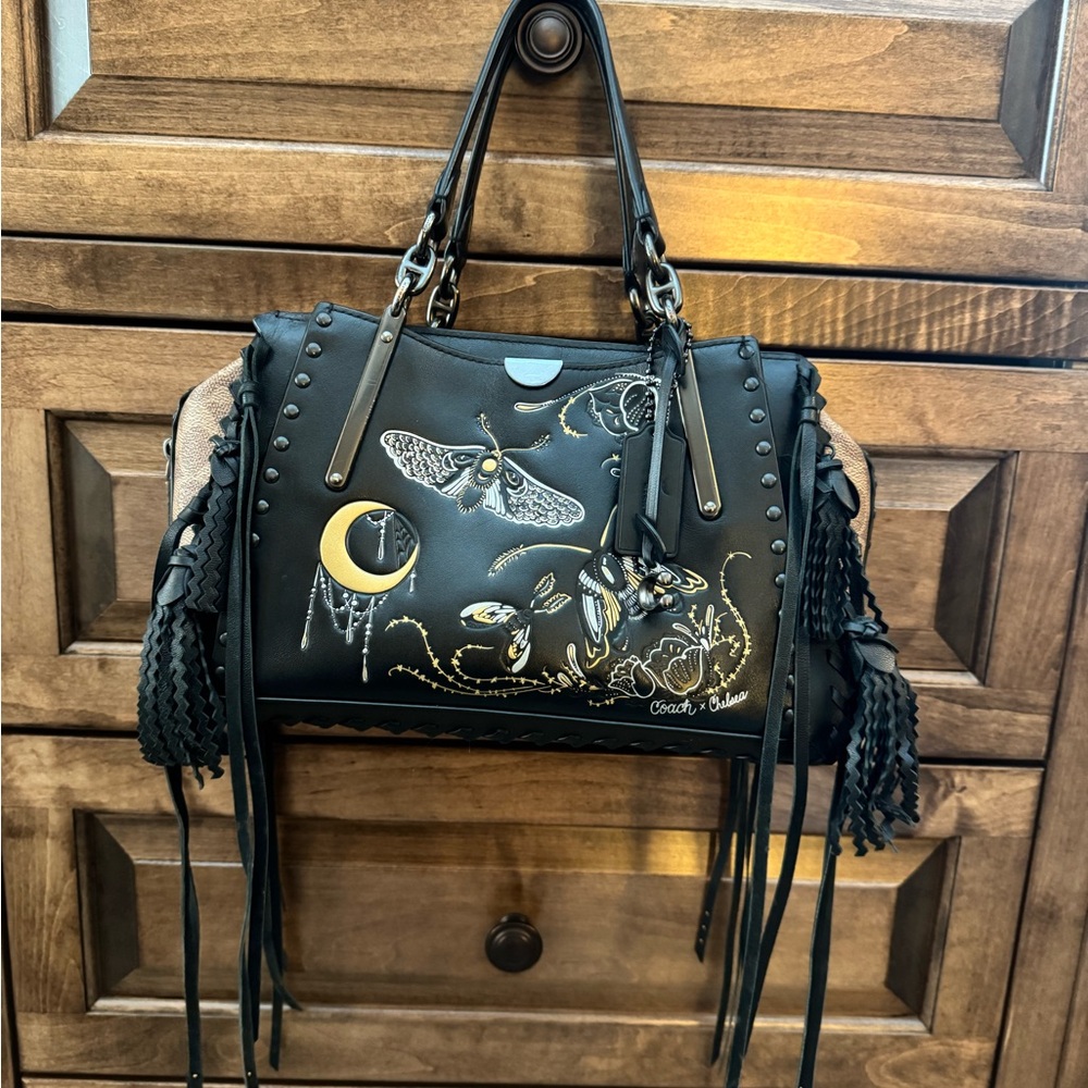 Rare Coach Chelsea Dreamer Tattoo Black Fringe Shoulder Bag